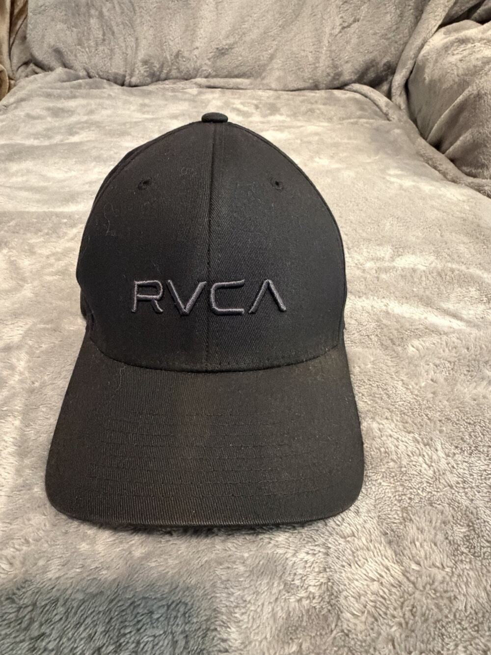 RVCA Flexfit Hat Black Tonal Logo Mid Fit Fitted Stretch Skate Surf Cap